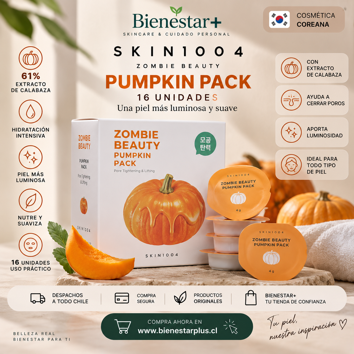 🎃 SKIN1004 Zombie Beauty Pumpkin Pack 16 Unidades